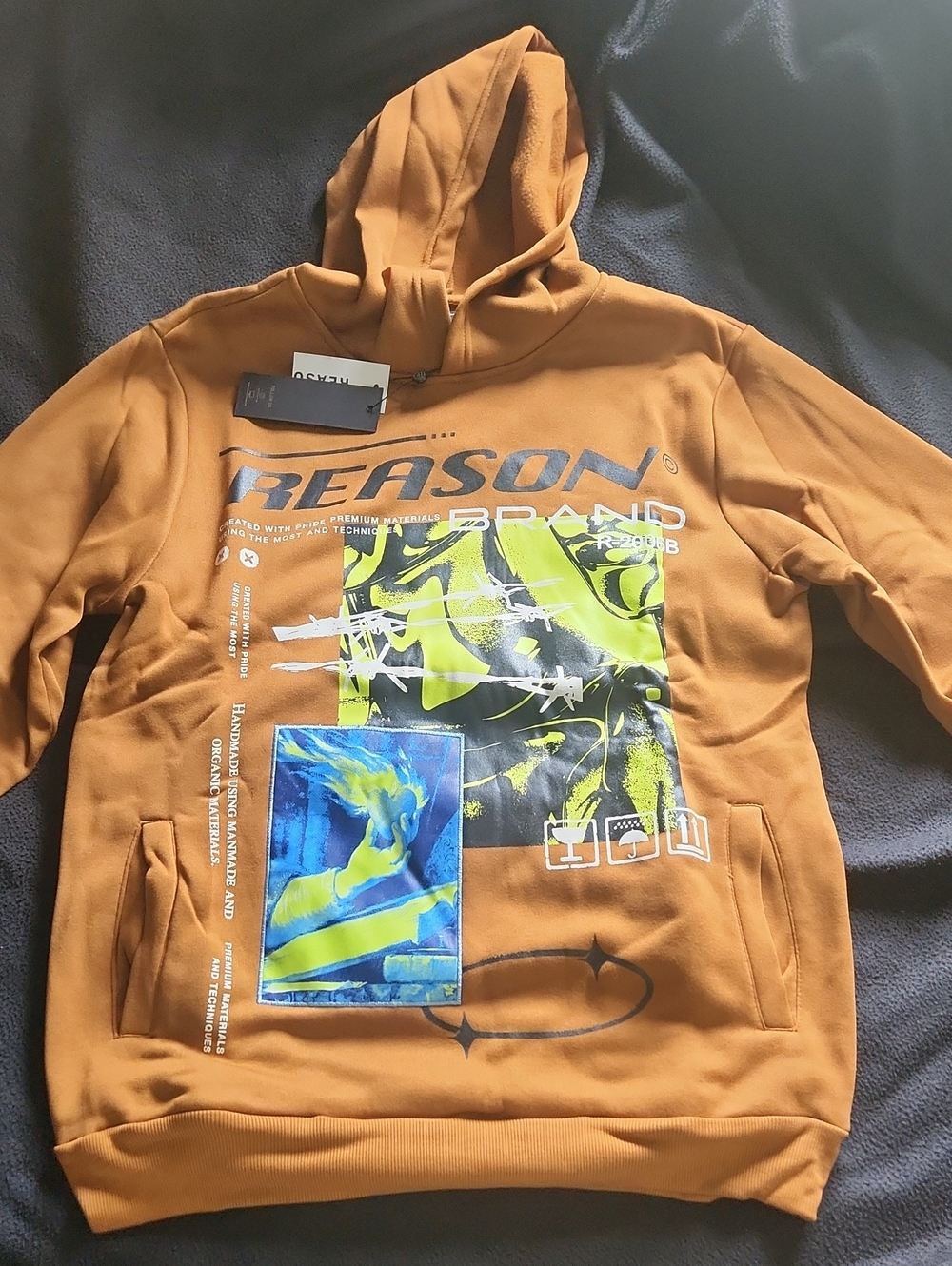 Reason Mustard Yellow Graphic Hoodie with Blue & Neon Green Prints